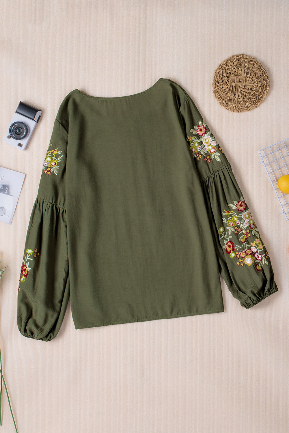 Women's Olive Green Shirt Boho Embroidered Round Neck Balloon Sleeve T-Shirt