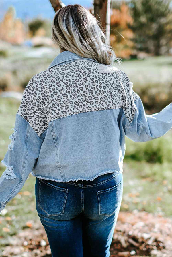 Plus Size Leopard Raw Hem Distressed Spliced Denim Jacket