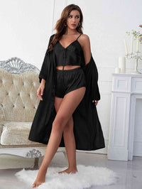 Women's Satin Pajamas V-Neck Cami Shorts and Belted Robe Pajama Set Real Satin