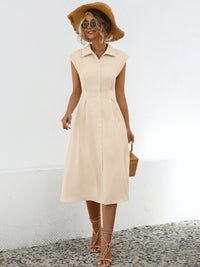 Casual Back Tie Short Sleeve Collar Dress New Women's Fashion Button Up Cap Sleeve Midi Dress