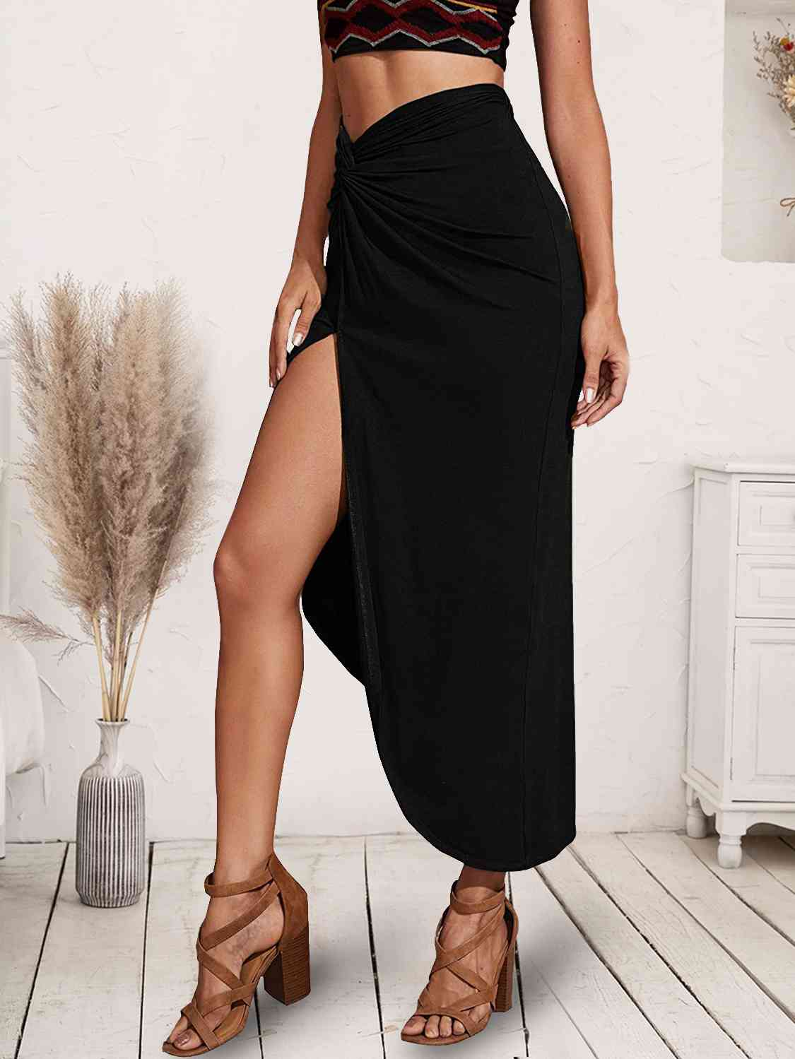 Black Twist Detail High Slit Maxi Skirt