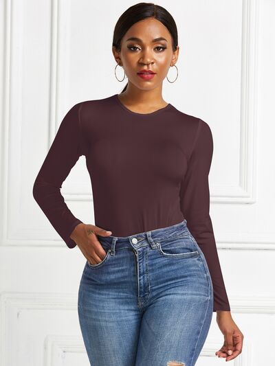 Round Neck Long Sleeve Womens Top Bodysuit