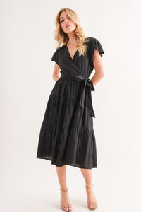 Womens Casual Black Textured Tiered Midi Dress, loose fit dress Vacation holiday sundress