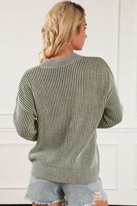 Womens Striped Long Sleeve Shirt Mock Neck Dropped Shoulder Sweater