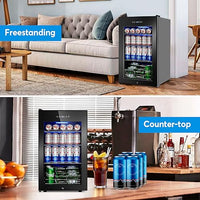 Beverage Refrigerator 17 inch Wide - 126 Can Beverage Cooler with Glass Door | Counter-Top/Freestanding Mini Beverage Beer Fridge | Temperature Memory | Invisible Door | Perfect for Soda, Beer