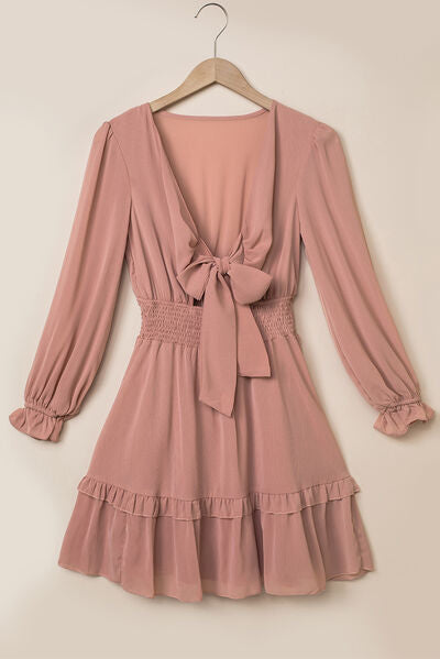 Pink Long Sleeve Short Dress Womens Fashion Tied Flounce Sleeve Mini Dress