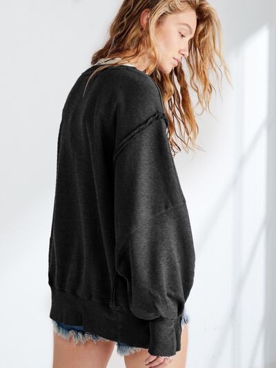 Baggy Sweater Loose Fit Slit Round Neck Dropped Shoulder Long Sleeve Sweatshirt T-Shirt