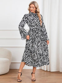 Animal Print Tie Front Ruffle Trim Long Sleeve Casual Maxi Midi Dress