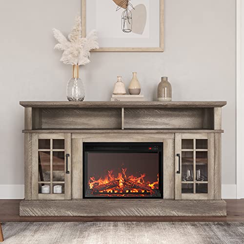 BELLEZE Traditional 58 Inch Rustic TV Stand with 23 Inch Electric Fireplace & Media Entertainment Center Console Table for TV up to 65 Inch with Open Storage Shelves & Cabinets-Astorga (Ashland Pine)