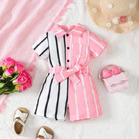 Striped Two-Tone Short Sleeve Tie Waist Romper, Kids Fashion, Baby clothes, baby gifts