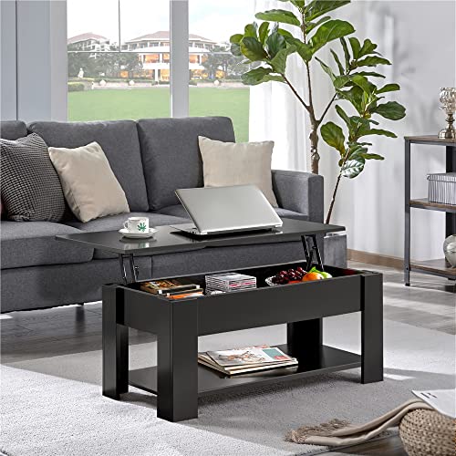 Yaheetech Lift Top Coffee Table with Hidden Compartment and Storage Shelf, Rising Tabletop Dining Table for Living Room Reception Room, 38.6in L, Black