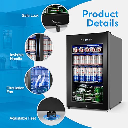 Beverage Refrigerator 17 inch Wide - 126 Can Beverage Cooler with Glass Door | Counter-Top/Freestanding Mini Beverage Beer Fridge | Temperature Memory | Invisible Door | Perfect for Soda, Beer