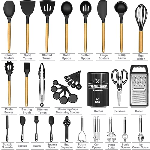 Kitchen Utensils Set- 34PCS Silicone Cooking Utensils with Holder, Umite Chef Heat Resistant Kitchen Utensil Spatula Set for Nonstick Cookware, Black Wooden Handles Kitchen Gadgets Tools Set