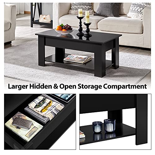 Yaheetech Lift Top Coffee Table with Hidden Compartment and Storage Shelf, Rising Tabletop Dining Table for Living Room Reception Room, 38.6in L, Black