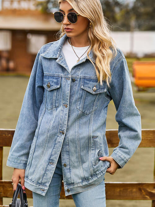 Collared Neck Denim Jacket With Pockets