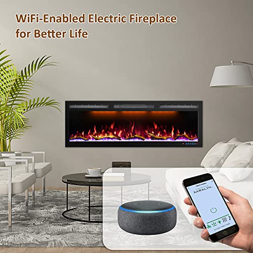 Mystflame 88 Inch WiFi-Enabled Electric Fireplace Inserts & Wall Mounted, Slim Electric Fireplace Heater, 750/1500w, Adjustable Flame Color, Remote Control & Touch Screen, Logs & Crystals, Black