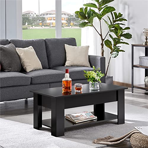 Yaheetech Lift Top Coffee Table with Hidden Compartment and Storage Shelf, Rising Tabletop Dining Table for Living Room Reception Room, 38.6in L, Black