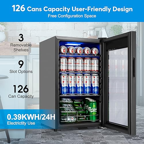 Beverage Refrigerator 17 inch Wide - 126 Can Beverage Cooler with Glass Door | Counter-Top/Freestanding Mini Beverage Beer Fridge | Temperature Memory | Invisible Door | Perfect for Soda, Beer