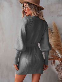 Women's Fashion Long Open Sweater Belted Surplice Lantern Sleeve Wrap Sweater Dress