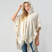 Fringed Crochet Buttoned Hooded Throw Over Fashion Sweater Poncho