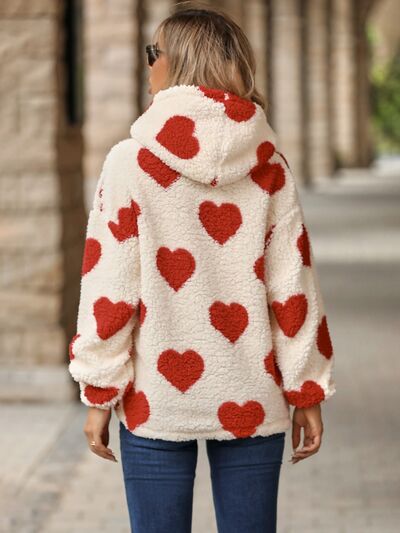 Fuzzy Heart Pocketed Dropped Shoulder Fashion Sweater Hoodie