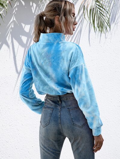 Women's Tie-Dye Sweater Cropped Quarter Zip Dropped Shoulder Fashion Sweatshirt