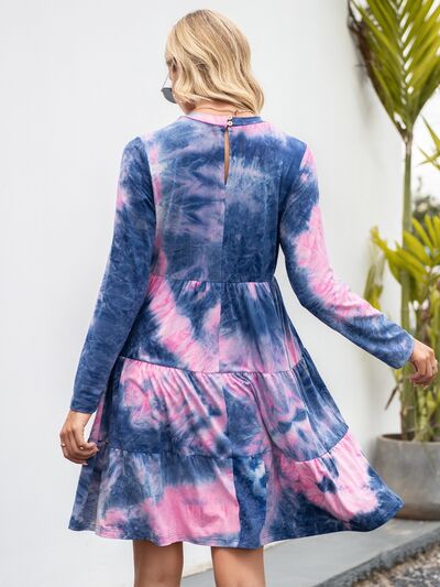 Womens Fashion Dress Tie-Dye Round Neck Long Sleeve Tiered Dress