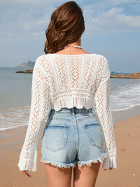 Crochet Crop Top Shirt Drawstring Openwork Long Sleeve Cover-Up