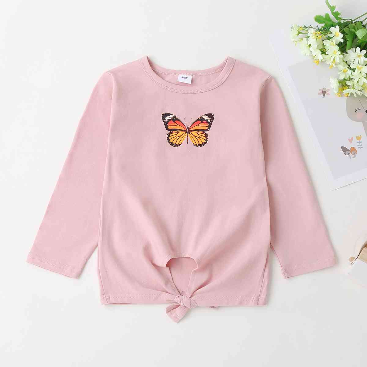 Girls Round Neck Butterfly Graphic Long Sleeve T-Shirt Kids Cotton Clothing and Gifts