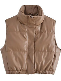 Women's Vest Jacket PU Leather Zip Up Drawstring Fashion Outerwear