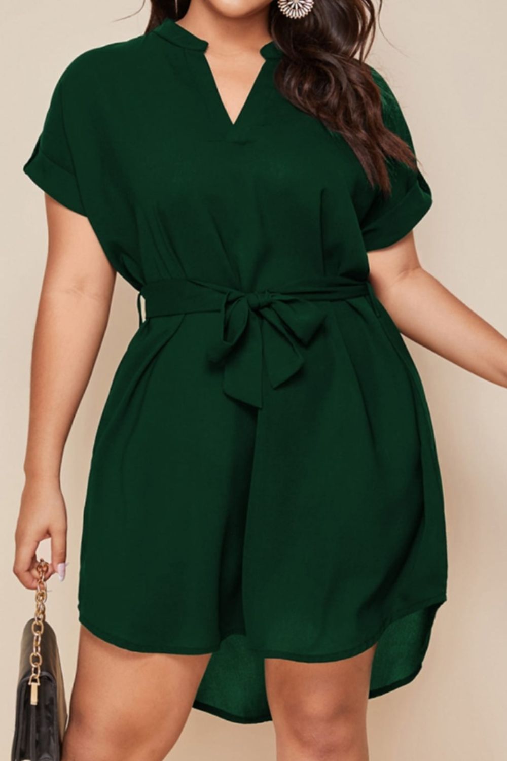 Plus Size Notched Tie Waist Mini Dress Women's Fashion Short Sleeve Short Dresses