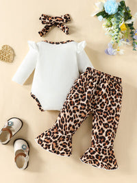 Letter Graphic Long Sleeve Bodysuit and Bow Leopard Pants Set Baby Girl Fashion Babies Gifts