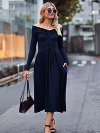 Womens Off-Shoulder Comfortable Ruched Midi Flare Dress for Special Occasions Elegant