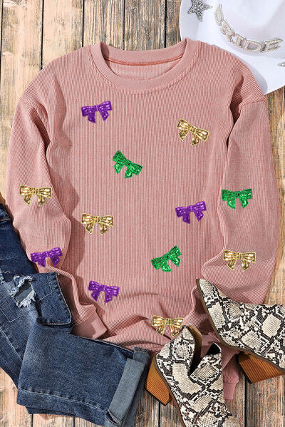 Bow Sequin Round Neck Fashion Sweatshirt Sweater