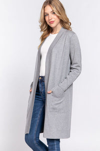 Womens Knit Cardigan Open Front Rib Trim Long Sleeve Long Grey Sweater