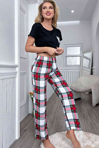 Womens Pajamas Lettuce Trim Cropped T-Shirt and Plaid Pants Lounge Set