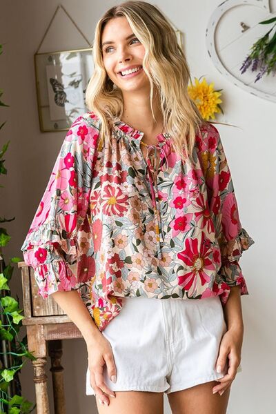 Womens Casual Shirt First Love Printed Tie Neck Flounce Sleeve Blouse