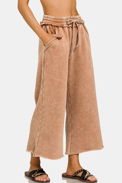 KESLEY Sweatpants Drawstring Acid Wash Fleece Wide Leg Pants