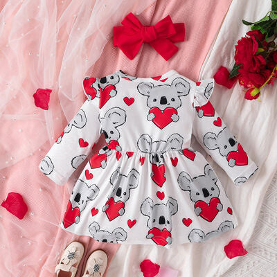 Bow Ruffled Koala Print Long Sleeve Dress Kids Fashion