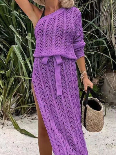 Swimsuit Cover-up Slit Openwork Single Shoulder Knit Dress