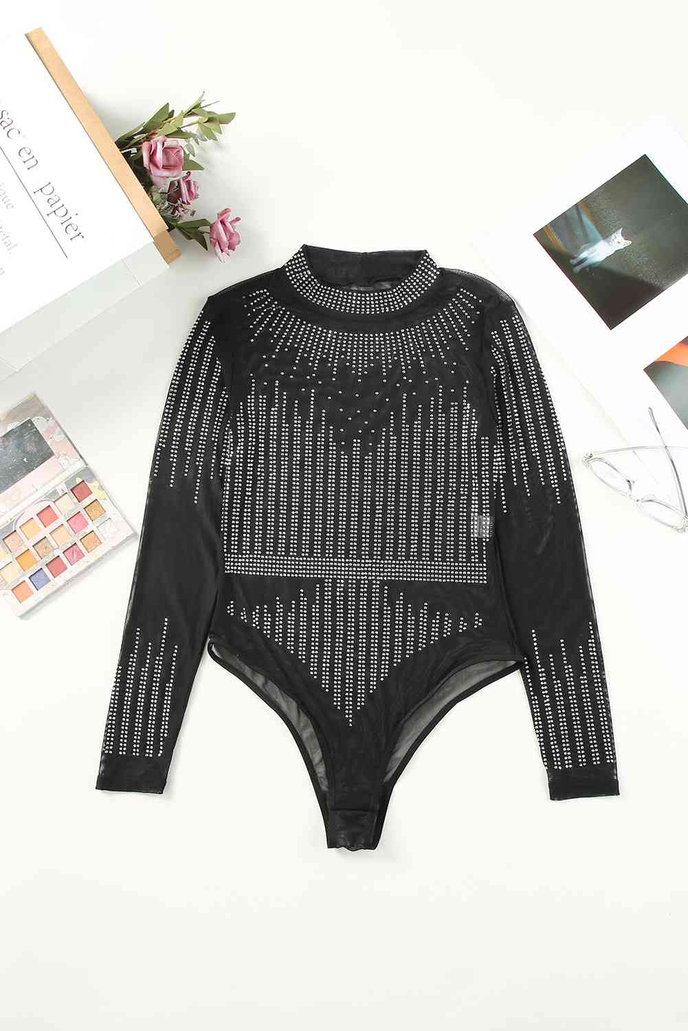 Rhinestone Black Sheer Bodysuit Round Neck Long Sleeve Mesh Top