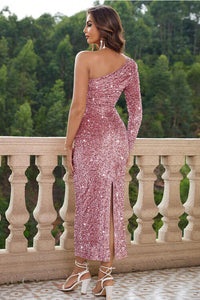 One-Shoulder Long Sleeve Shiny Sequin Bodycon Formal Evening Party Maxi Dress