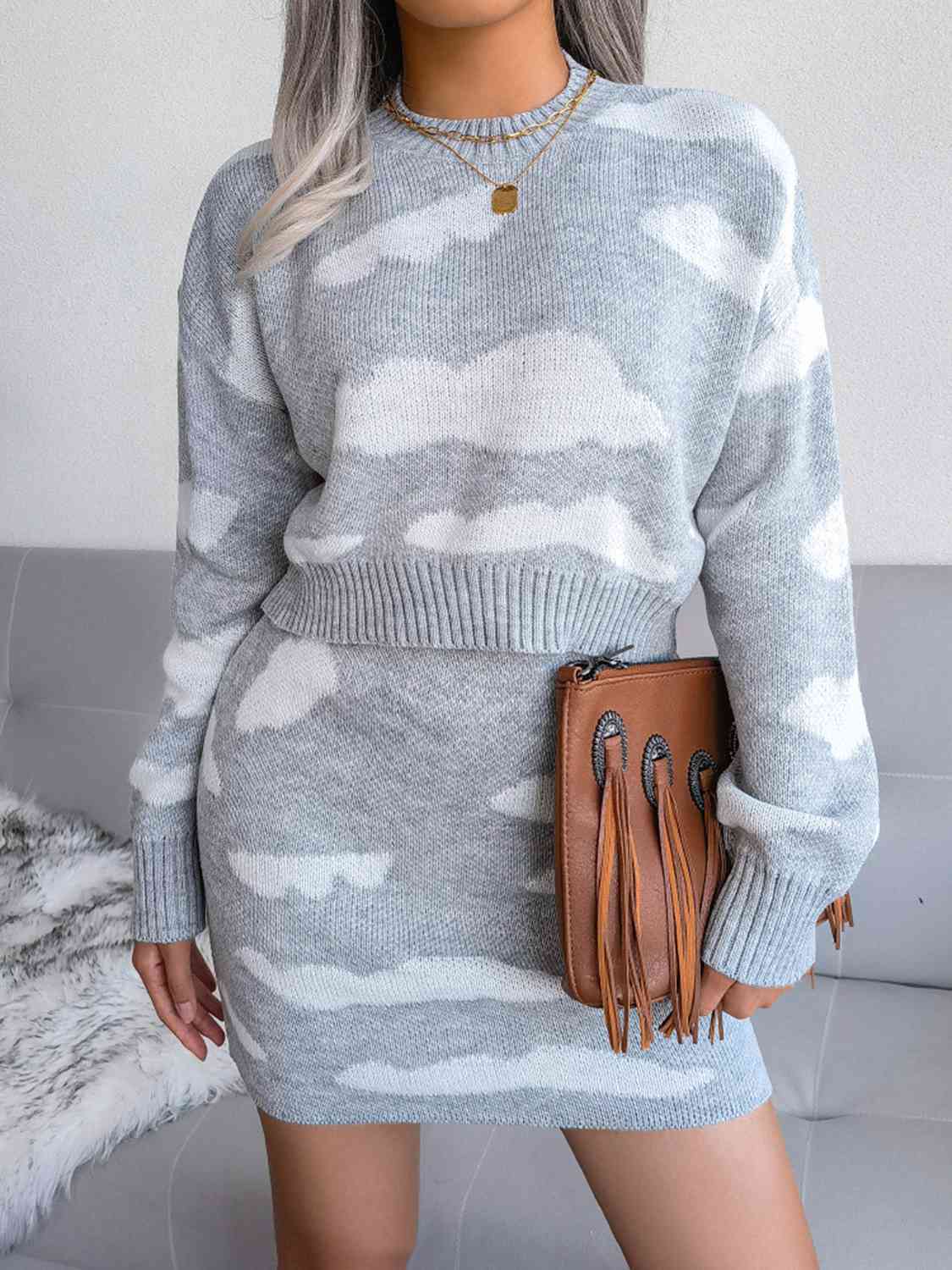 Cloud Sweater and Knit Skirt Set New Womens Fashion