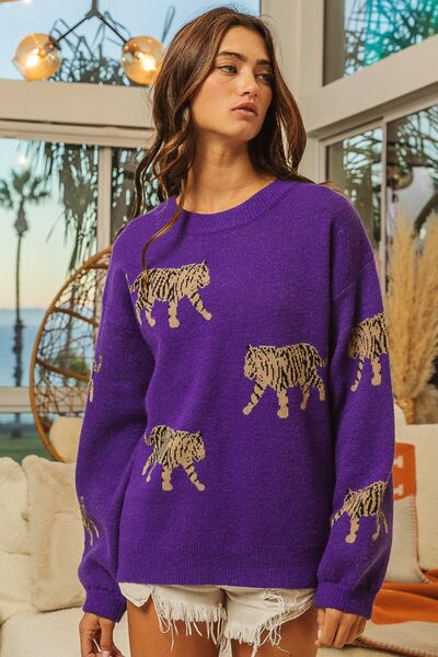 Womens Fashion Tiger Pattern Long Sleeve Sweater