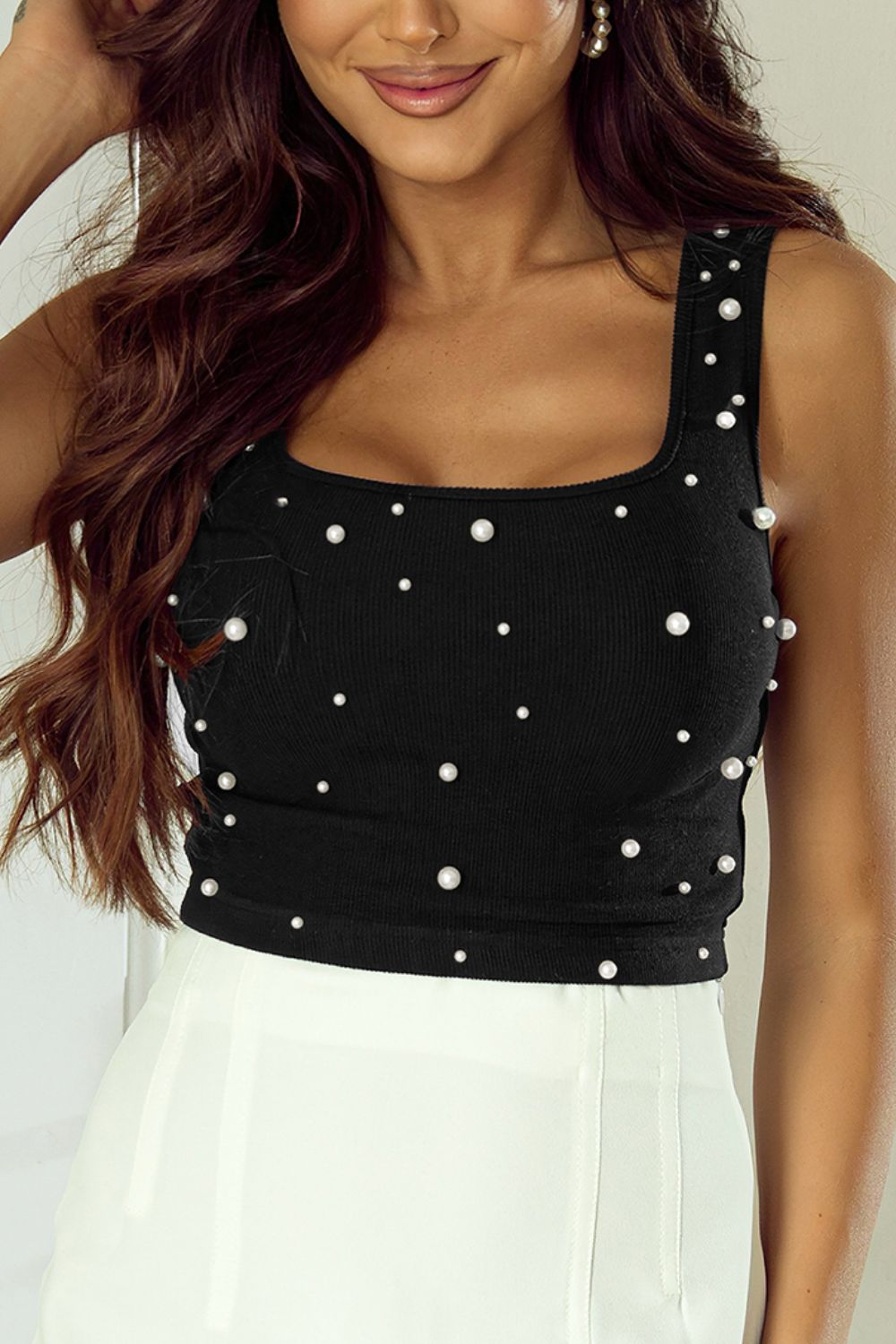 Black Pearl Sleeveless Shirt Detail Square Neck Tank Top