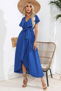 Ruffled Waist Tied V-Neck Midi Maxi Dress Casual Womens Fashion