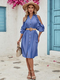 Casual Ruffled Dress Button Up Cold Shoulder Shirt Dress