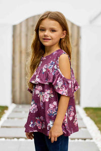 Girls Floral Cold-Shoulder Ruffled Top Kid's Fashion