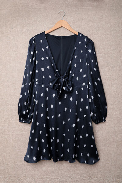 Polka Dot Dress Bow Printed V-Neck Balloon Sleeve Short Dress, Trending New Fashion