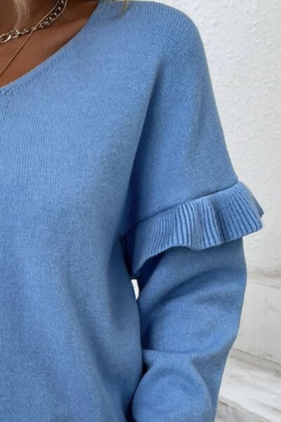 V-Neck Ruffle Trim Long Sleeve Fashion Sweater Women’s Fashion